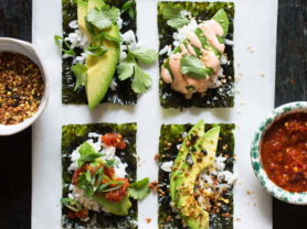 four flavors of avocado sushi snacks laid out