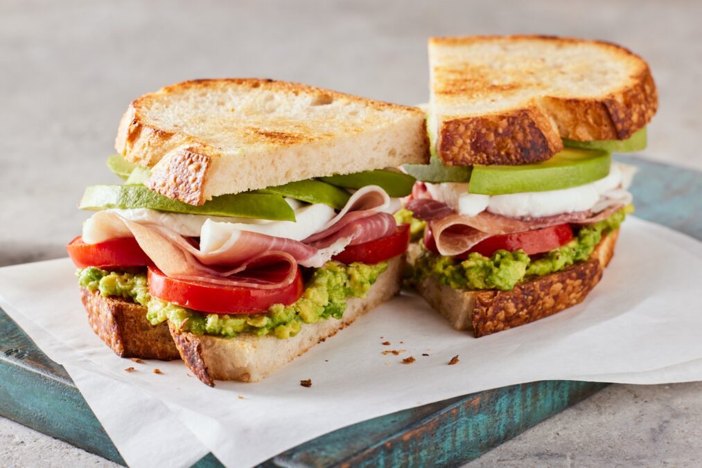 A photo of a Ham, Fresh Mozzarella and Avocado Sandwich