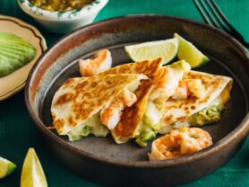Avocado and Shrimp Quesadilla with Green Chile Salsa